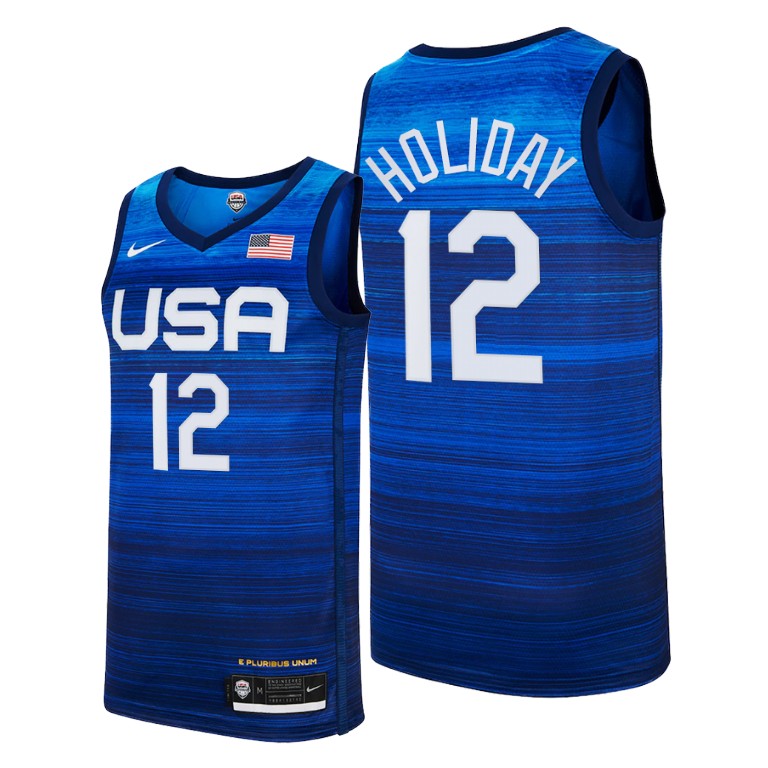 Men's USA Basketball #12 Jrue Holiday 2021 Blue Tokyo Olympics Stitched Away Jersey Men's USA Basketball #12 Jrue Holiday 2021 Blue Tokyo Olympics Stitched Away Jersey